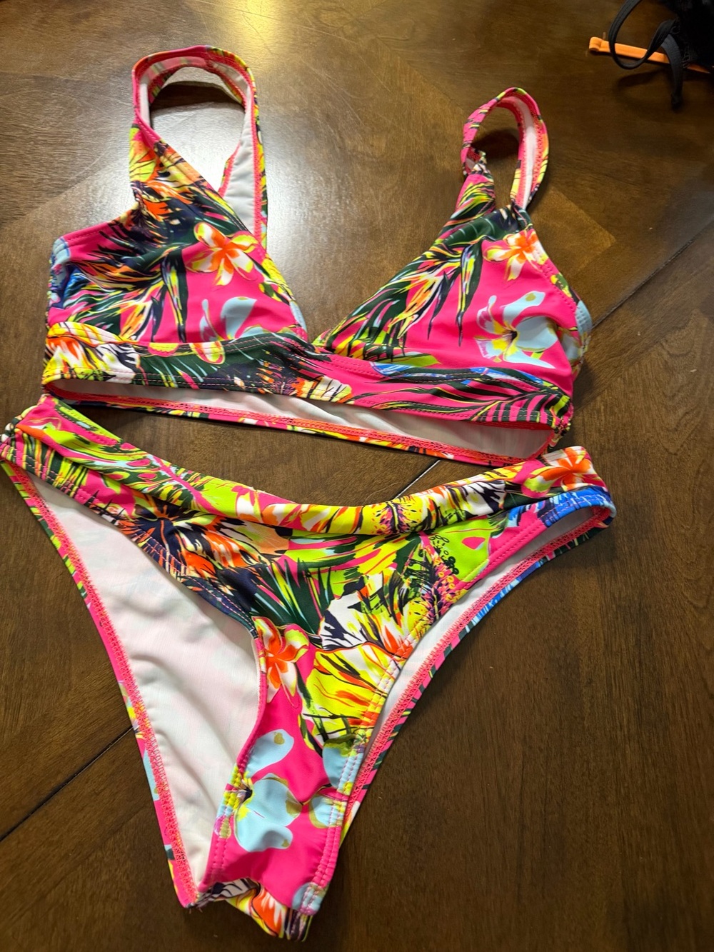 SHEIN Neon Pink Tropical Floral Bikini Set